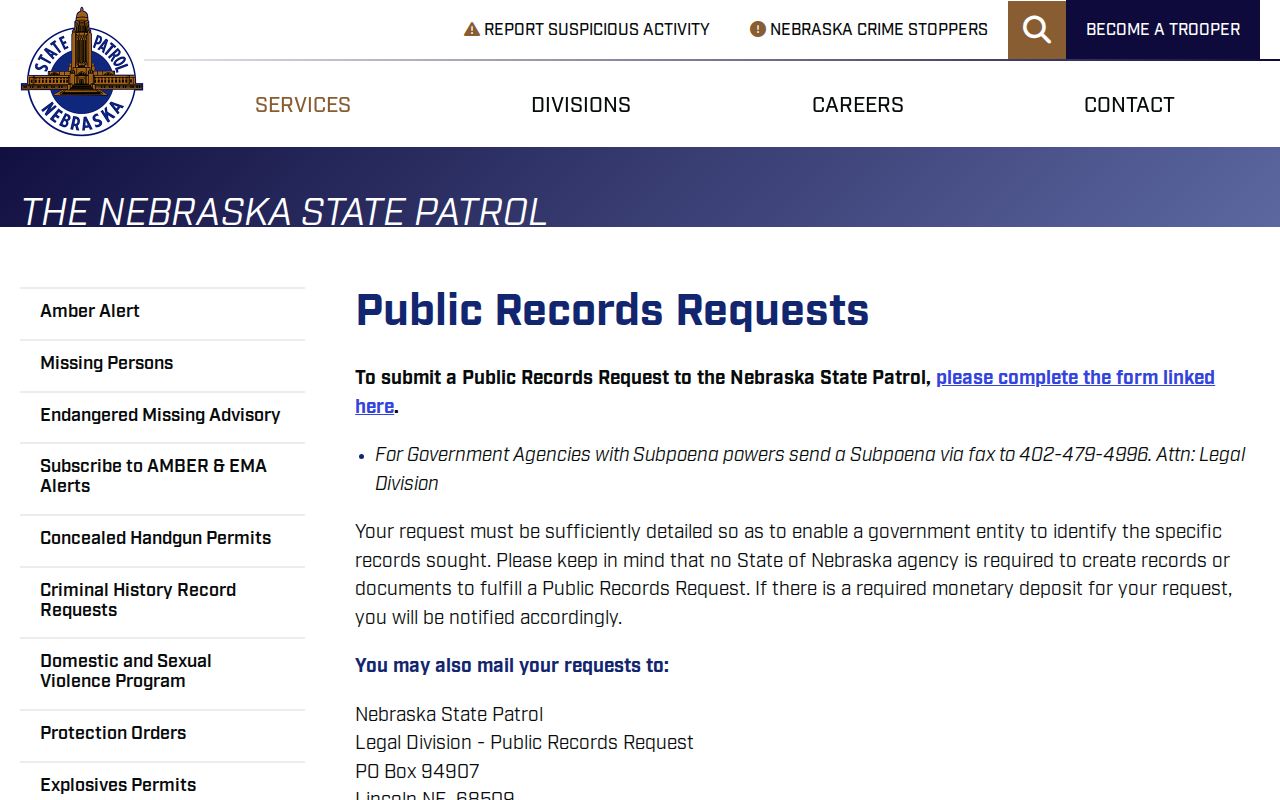 Nemaha County arrest history Nebraska State Patrol request page